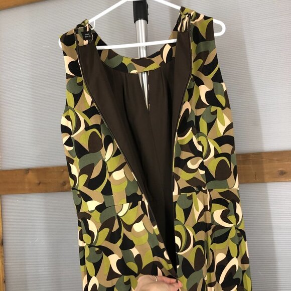 Tahari ASL Abstract Print Green Brown Cream Sleeveless Midi Dress Sz14 - Picture 12 of 16